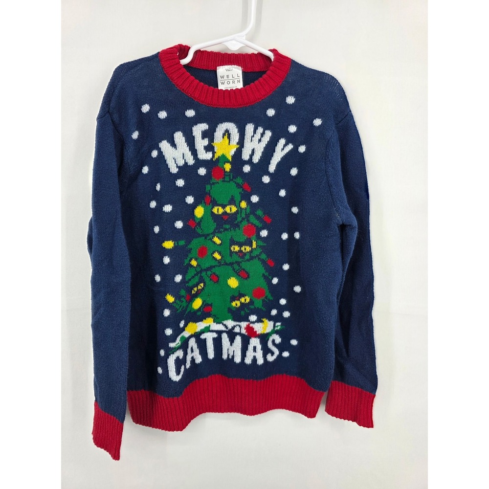 Well Worn Meowy Catmas Ugly Christmas Sweater Navy Blue Red Small